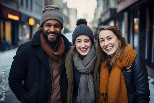 Three Friends Taking a Selfie on the Street in Winter