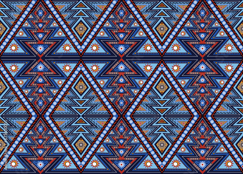 Decorations blue ethnic pattern illustration, Geometric native design for textile fabric, carpet, clothing, curtain, wallpaper, clothing, wrapping, Batik, vector illustration