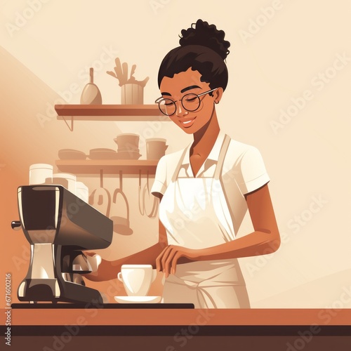 AI Generative. A Barista is making a hot Latte in the minimal cafe.