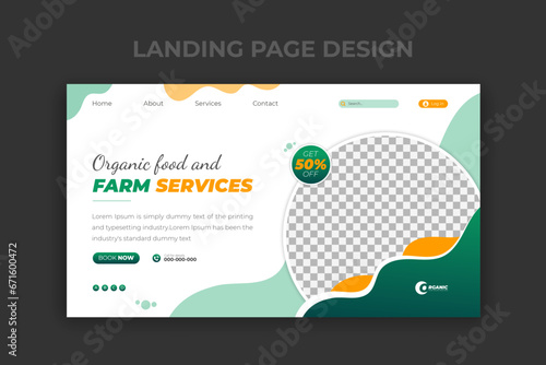 Organic food farming and agricultural services landing page design template with abstract green and yellow color shapes, company profile, social media cover or web banner for business promotion