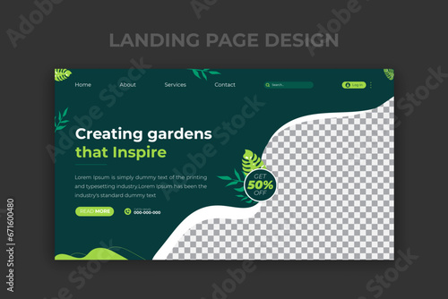 Organic food farming and agricultural services landing page design template with abstract green leaf color shape and green background, social media cover or web banner for business promotion
