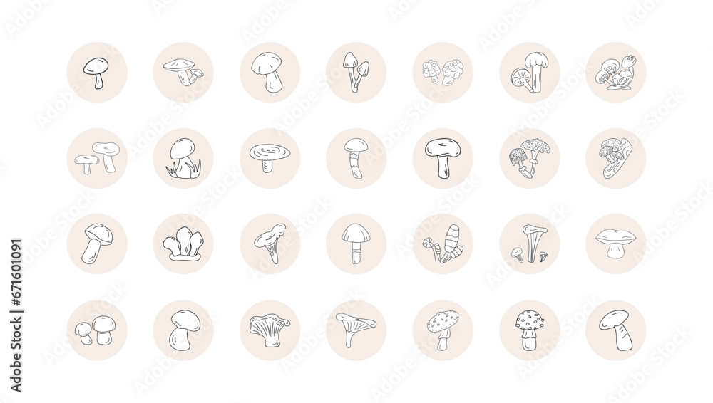 forest Mushroom icon set line black outline in circle. Vector in doodle style edible and inedible. forest Mushroom icon set line black outline in circle. Vector in doodle style edible and inedible.