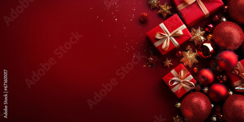 Festive Christmas or New Year red background with decorations and gift boxes. Top view.