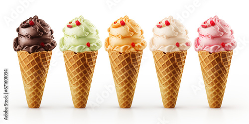 3d realistic Ice cream scoop balls assorted different flavour on waffle cone. Milk soft dessert. Digital image for artwork design on neutral background 