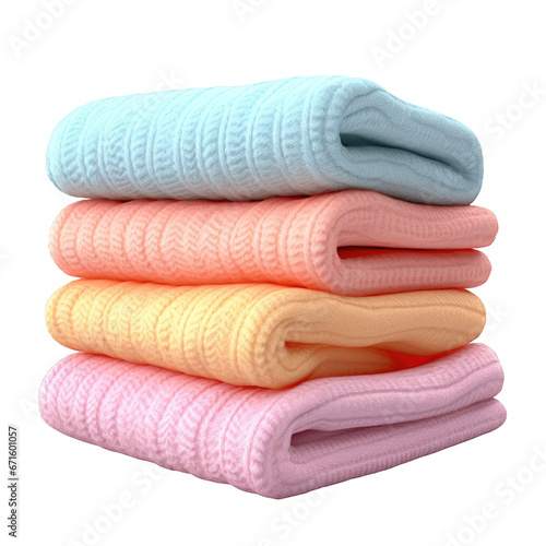 Woolen sweaters of soft pastel colors folded and stacked on a transparent background. Pile of folded clothes