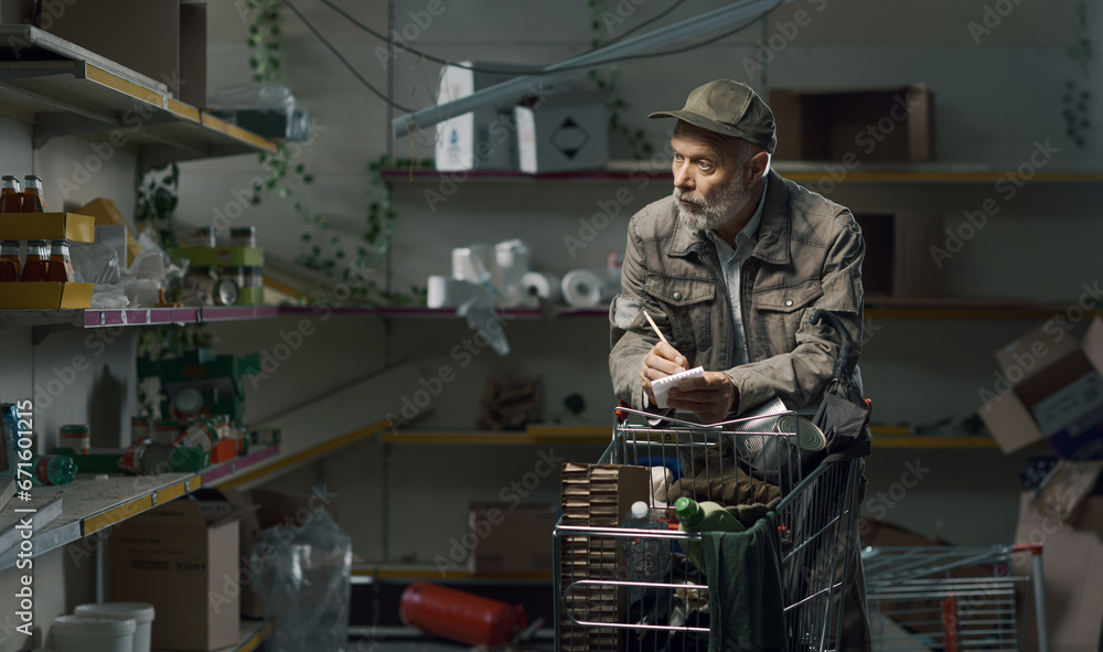 Hopeless senior man doing grocery shopping in a destroyed supermarket Hopeless senior man doing grocery shopping in a destroyed supermarket