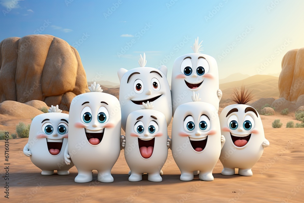 3D realistic happy white teeth , Tooth cartoon characters on desert background 3D realistic happy white teeth , Tooth cartoon characters on desert background