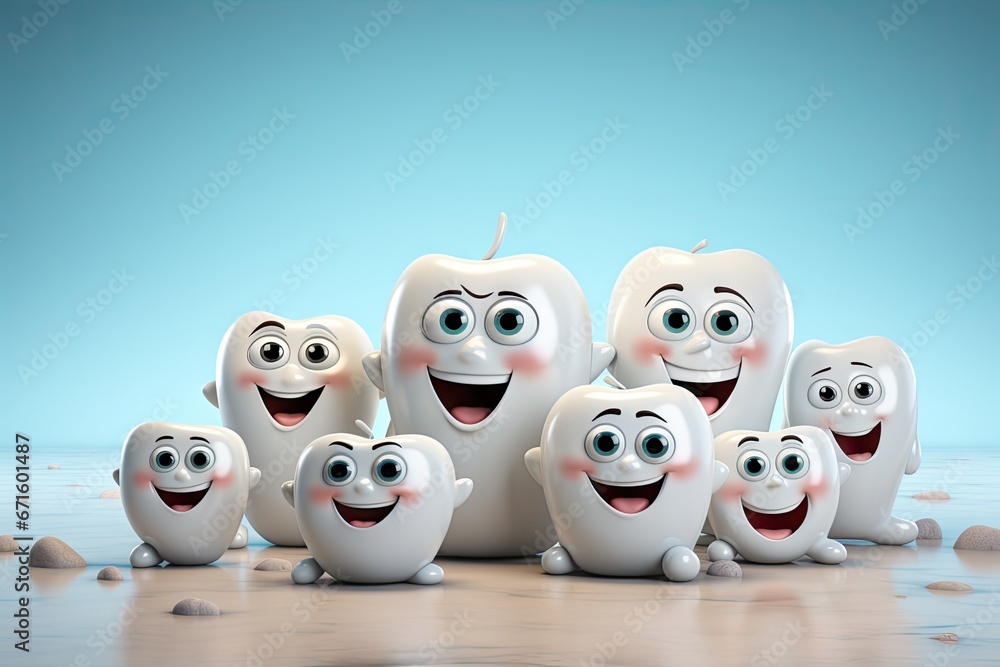 Happy healthy characters teeth on turquoise background Happy healthy characters teeth on turquoise background