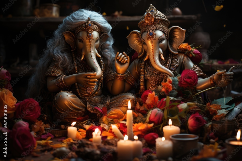 Diwali festival decoration ganesh statue with candles and flowers