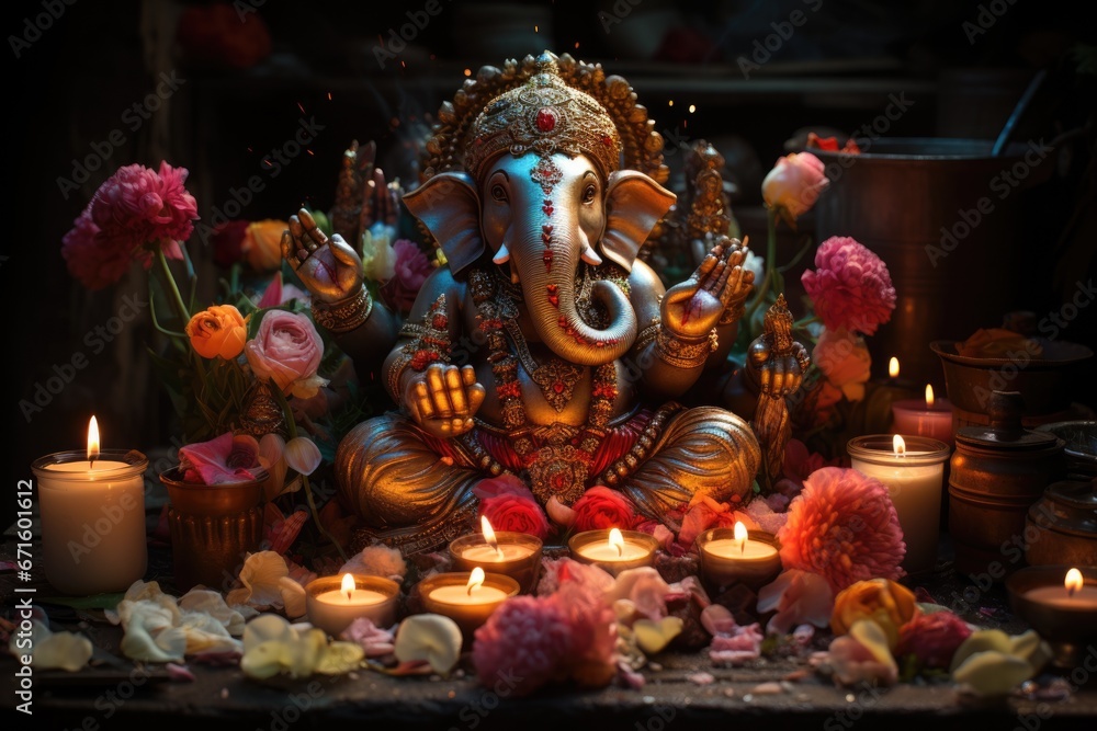 Fototapeta premium A beautiful ganesha statue with diays or clay lamps and flower, hindu tradition of worship