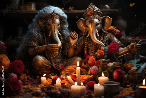 Diwali festival decoration ganesh statue with candles and flowers
