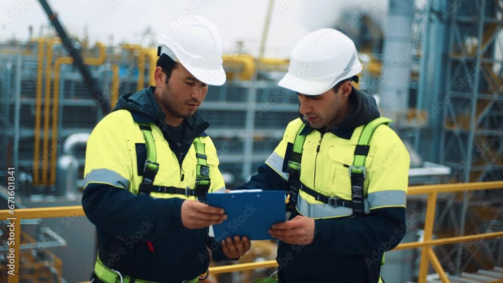 Two Asian male engineer in safety uniform discussing refinery construction technology with plan Two Asian male engineer in safety uniform discussing refinery construction technology with plan