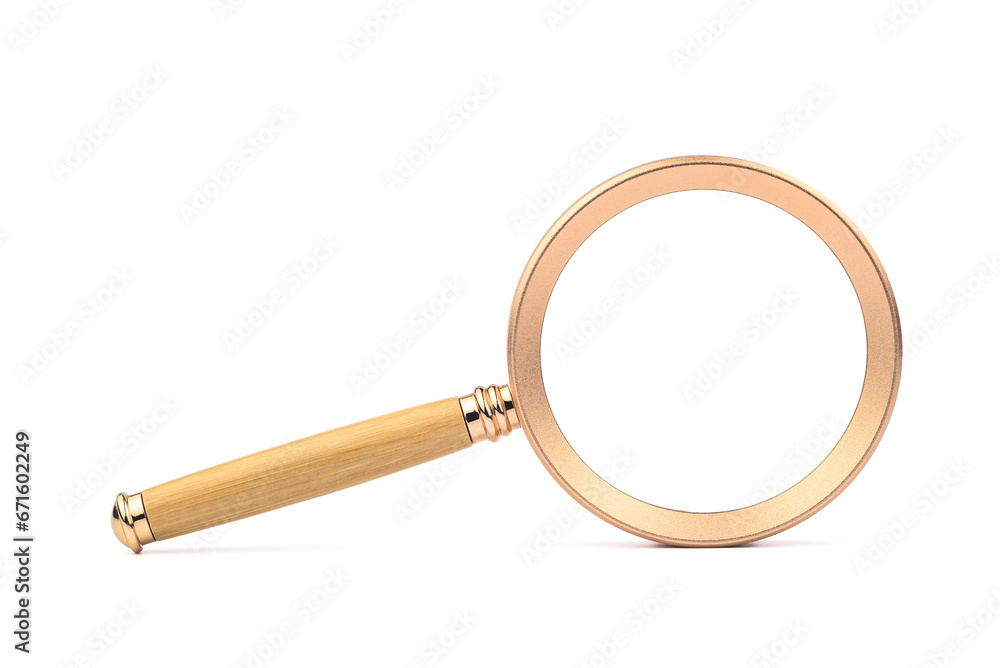 Brass magnifying glass with wooden handle isolated on white background Brass magnifying glass with wooden handle isolated on white background