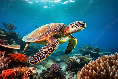 An oceanic turtle gliding through vibrant coral reefs. Generative AI © Azura