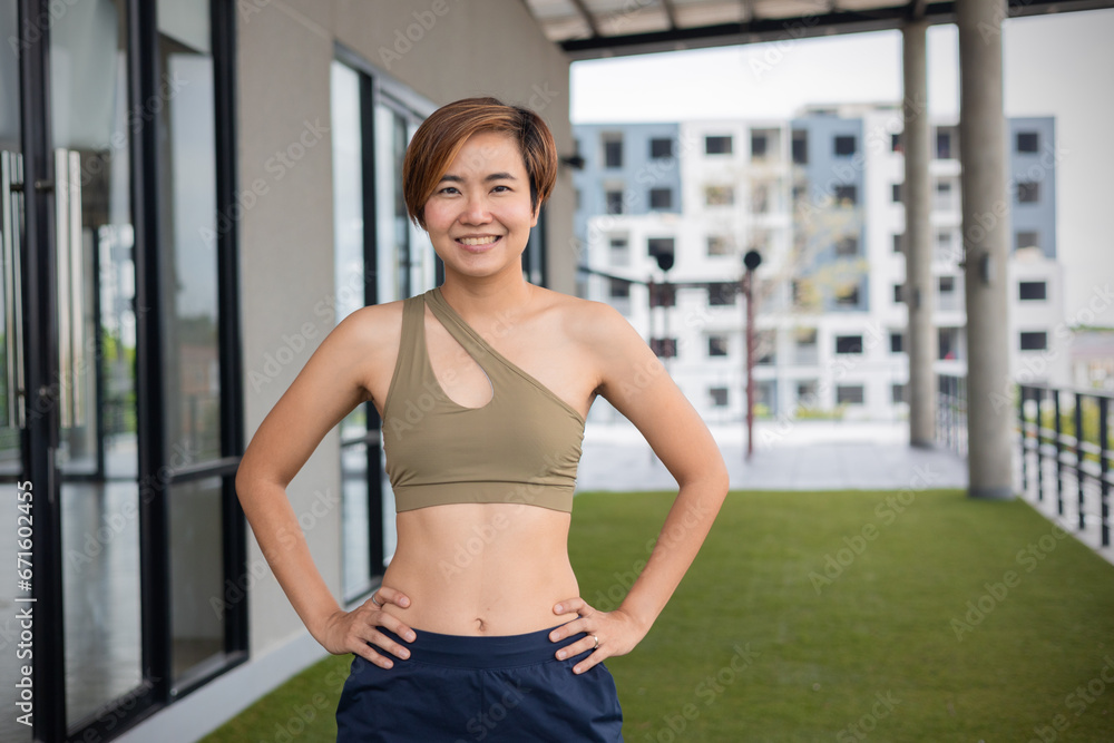 Expression of cheerful and confident asian woman for leisure and the pursuit of a healthy lifestyle, she guides others in their journey to lose weight and improve their physical well-being. Expression of cheerful and confident asian woman for leisure and the pursuit of a healthy lifestyle, she guides others in their journey to lose weight and improve their physical well-being.