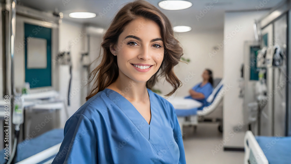 Female nurse with blue coat in hospital ward Female nurse with blue coat in hospital ward