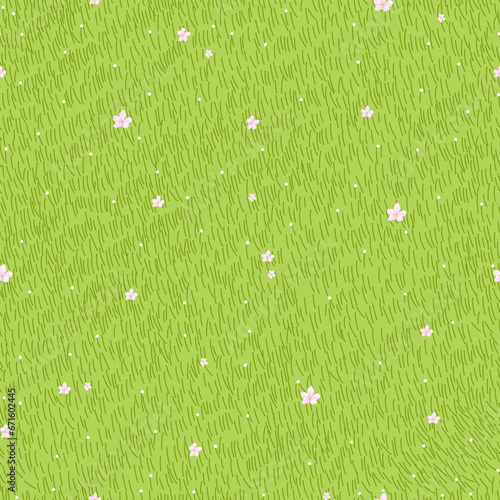 Grass Texture Pattern Background,Vector Lawn Field with Cheery Flower on Ground in Spring,illustration Seamless Pattern Surface Cartoon Nature Garden with Meadow and Flower in Summer Park