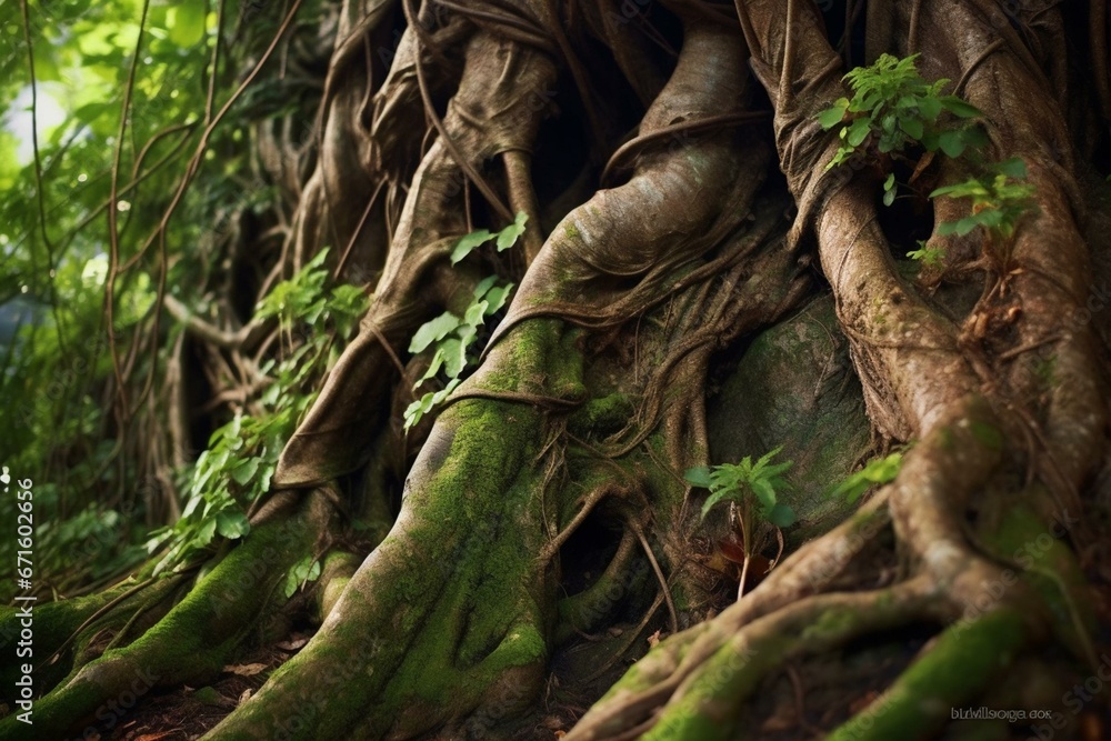 Close-up of ancient tree trunk showcasing roots and lush foliage. Generative AI - obrazy, fototapety, plakaty 