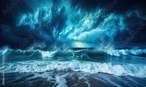 Beautiful seascape. Dramatic sky with stormy ocean waves. © TheoTheWizard