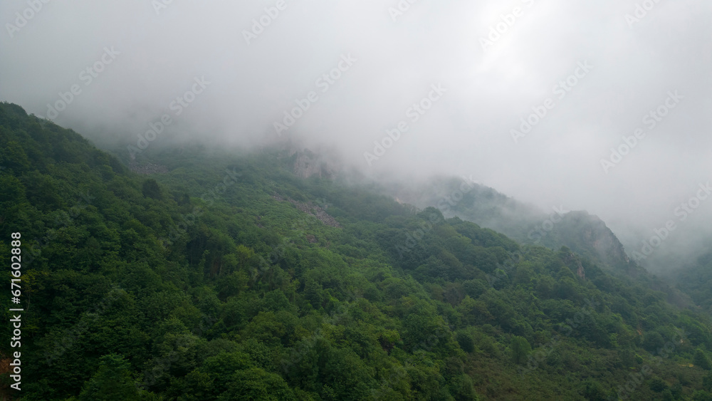 Fog settling between two mountains. Green natural forest at the foot of the mountains. Aerial view
