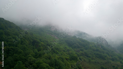 Fog settling between two mountains. Green natural forest at the foot of the mountains. Aerial view