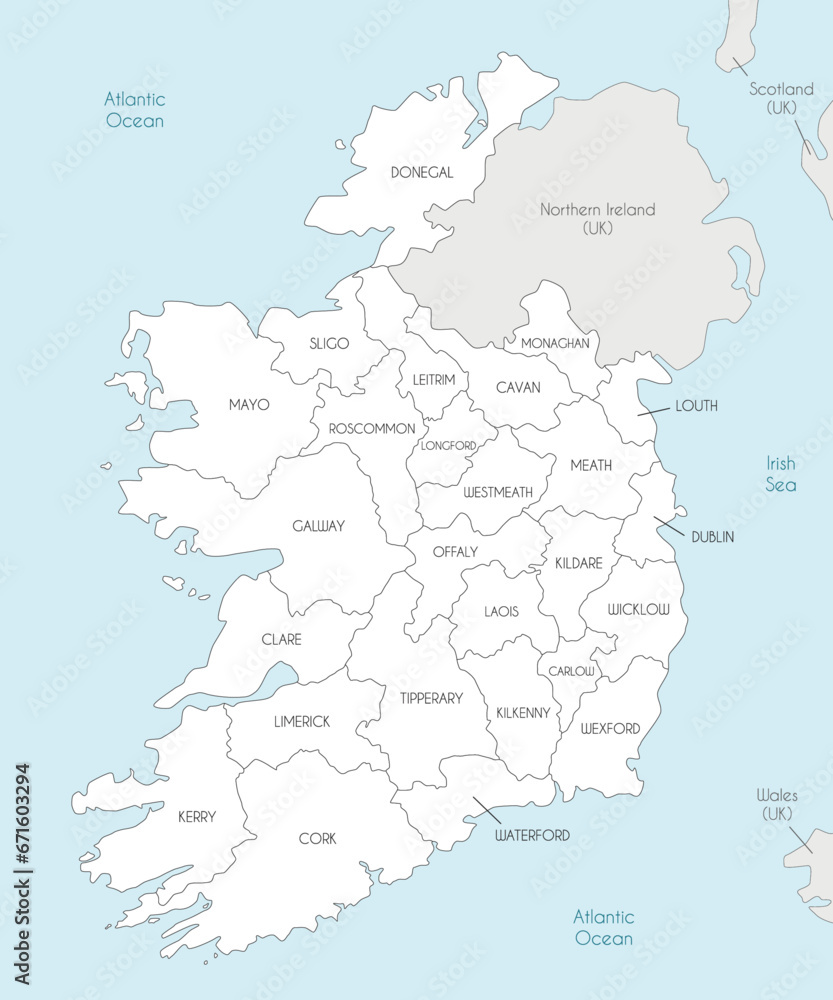 Vector map of Ireland with counties and administrative divisions, and neighbouring countries. Editable and clearly labeled layers.