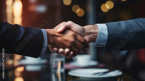 Business woman and man handshaking at office meeting. HR hiring recruit at job interview, bank or insurance agent, lawyer making contract deal with client at work. High quality photo.