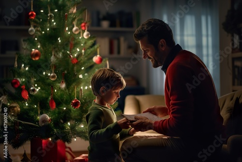 Loving father helping his son to decorate Christmas tree at home.