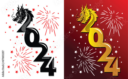 2024 chinese dragon year symbol. Vector template for greeting card, poster, invitation on transparent and dark red background