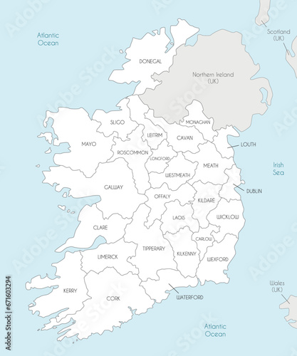 Vector map of Ireland with counties and administrative divisions, and neighbouring countries. Editable and clearly labeled layers.