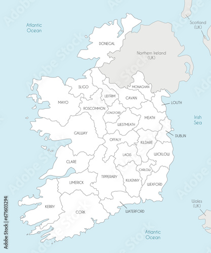 Vector map of Ireland with counties and administrative divisions  and neighbouring countries. Editable and clearly labeled layers.
