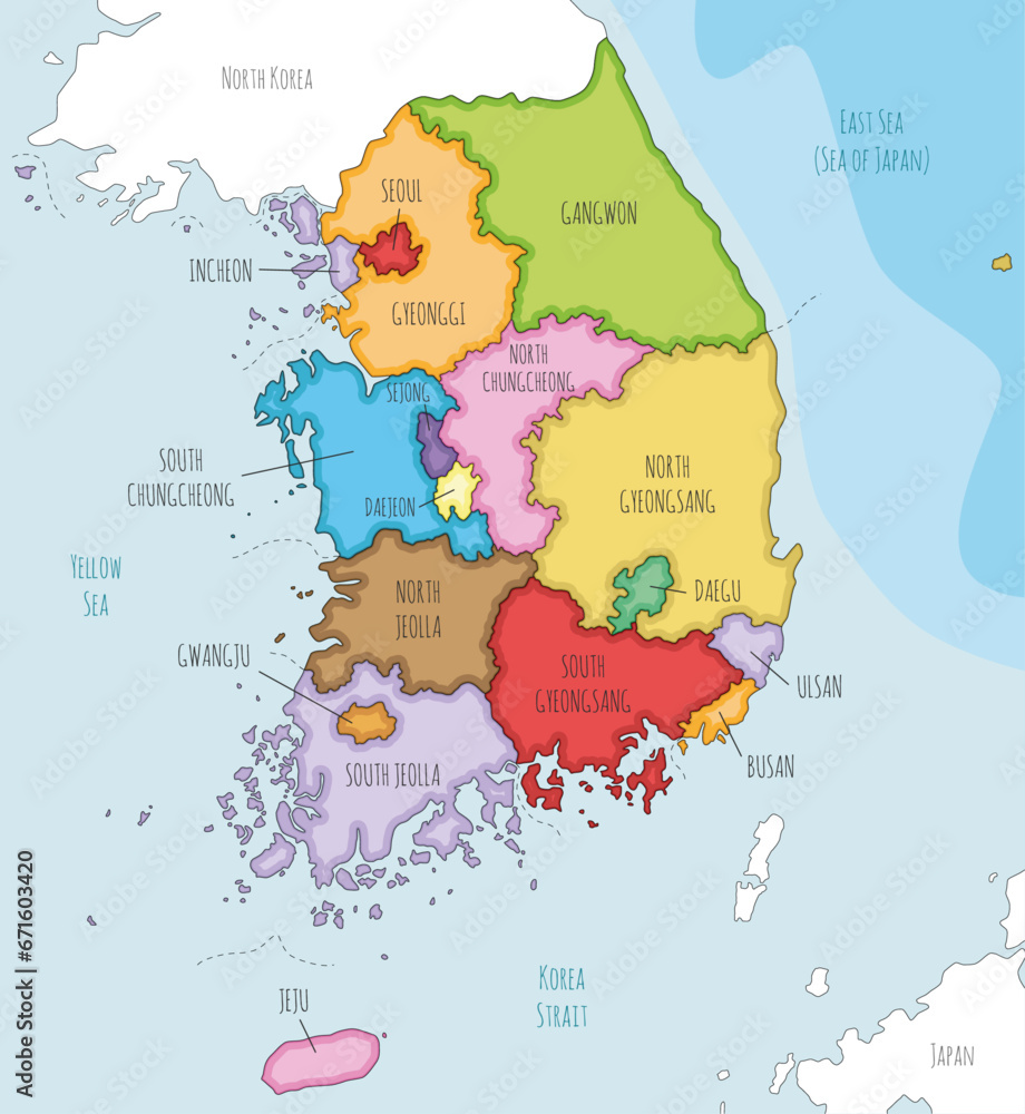 Vector illustrated map of South Korea with provinces, metropolitan cities and administrative divisions, and neighbouring countries. Editable and clearly labeled layers.