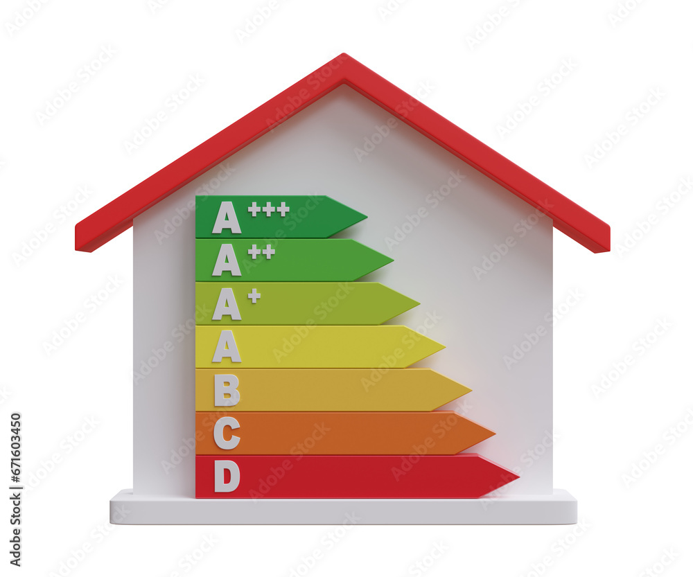 House with Energy Efficiency rating chart isolated on white, transparent, PNG. Green efficient home exterior House with Energy Efficiency rating chart isolated on white, transparent, PNG. Green efficient home exterior