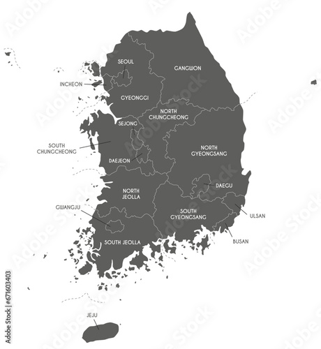 Vector map of South Korea with provinces, metropolitan cities and administrative divisions. Editable and clearly labeled layers.