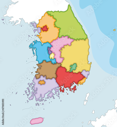 Vector illustrated blank map of South Korea with provinces, metropolitan cities and administrative divisions, and neighbouring countries. Editable and clearly labeled layers.