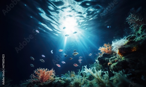 Underwater view of coral reef with sun rays shining through water surface