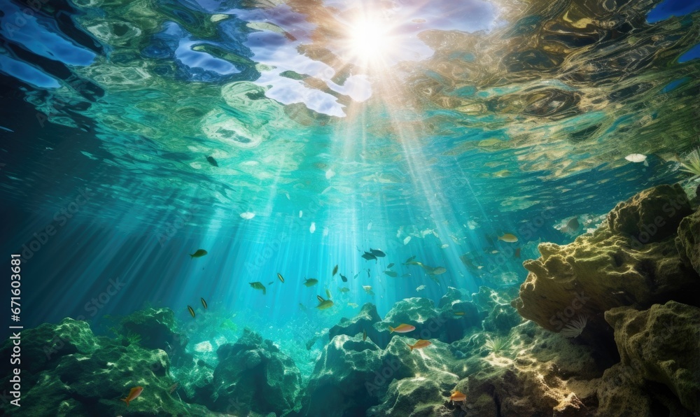 Underwater view of coral reef with sun rays shining through water ...