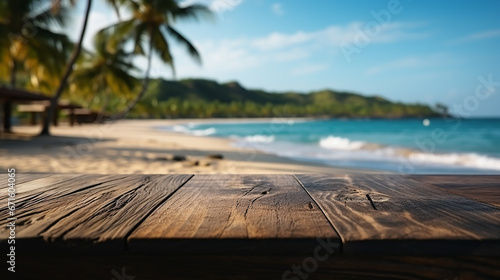 Wooden table top on blur tropical beach background. Mock up for display or montage your products. High quality photo. 