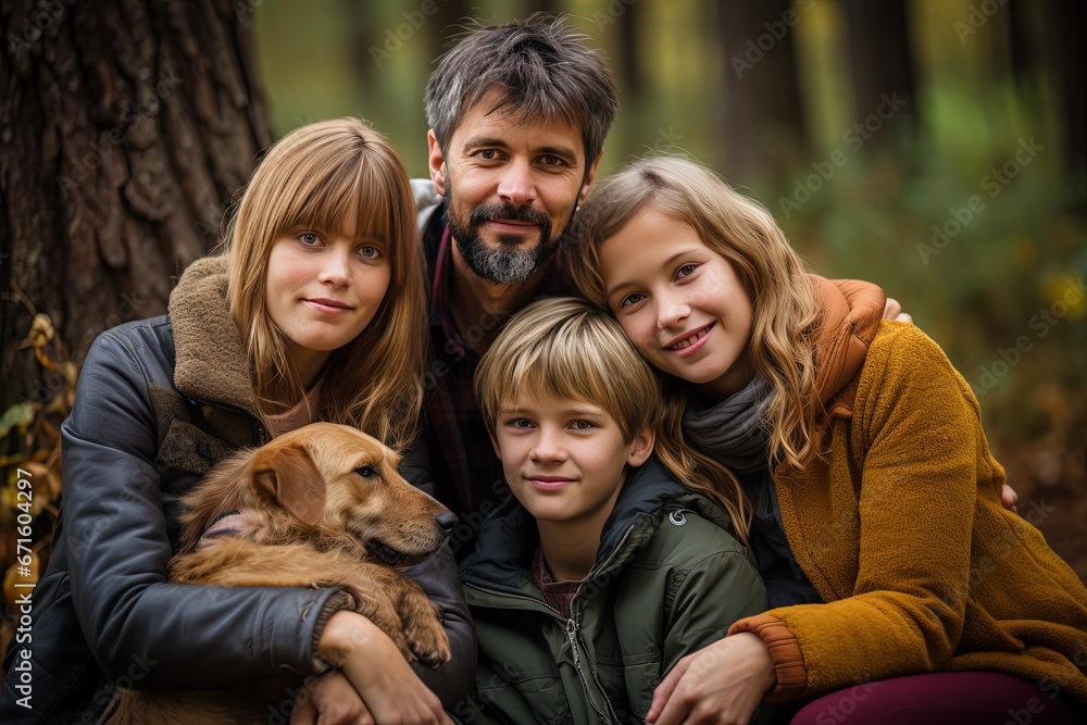 family portrait of a father, mother, son, daughter, travel together in nature park trail, Generative Ai family portrait of a father, mother, son, daughter, travel together in nature park trail, Generative Ai