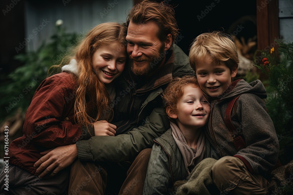 happy family portrait, father with kids hugging in backyard lawn, Generative Ai happy family portrait, father with kids hugging in backyard lawn, Generative Ai