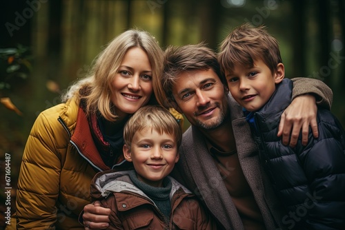happy family portrait father with mother and kids in nature landscape, Generative Ai