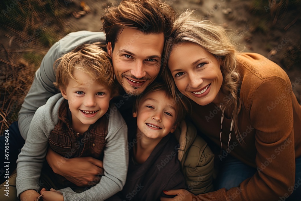 happy family portrait father mother and sons hugging in nature landscape, Generative Ai