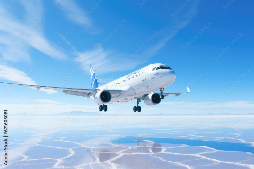 Naklejka premium Airbus A320 on a sunny day over Salar de Uyuni