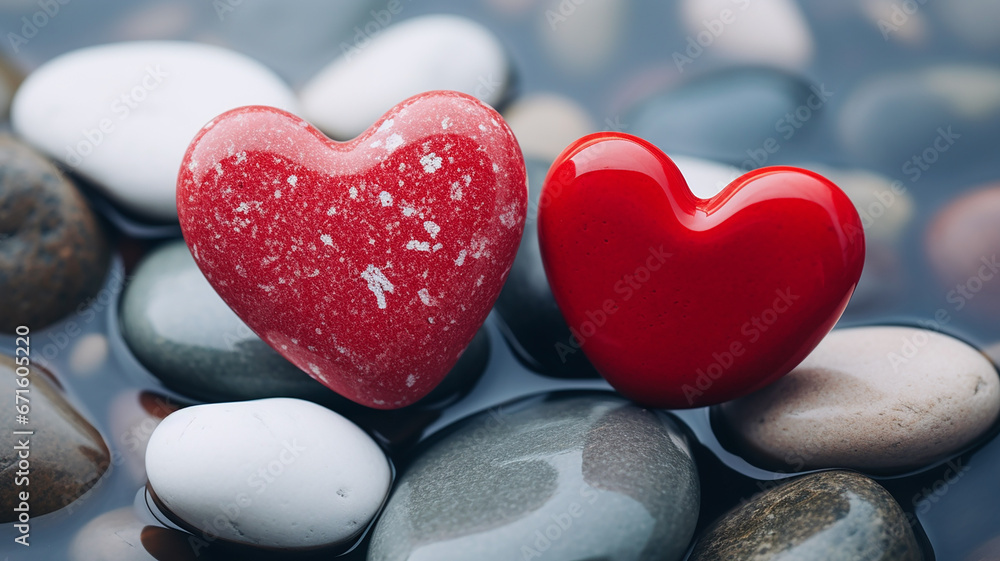 Fototapeta premium Two beautiful red hearts on a background of gray stones