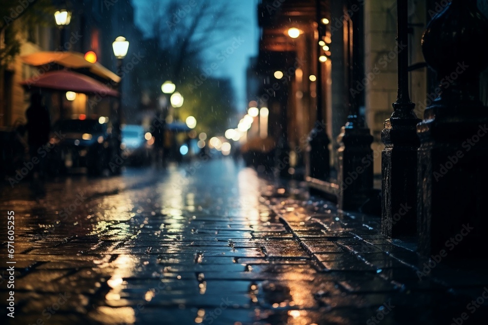 A melancholic street with bokeh lights on a rainy night. Generative AI
