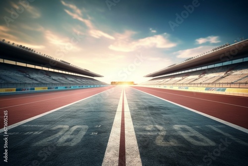 Wide view of an empty race track with start and finish line, enhanced with motion blur effect. Generative AI © Lando