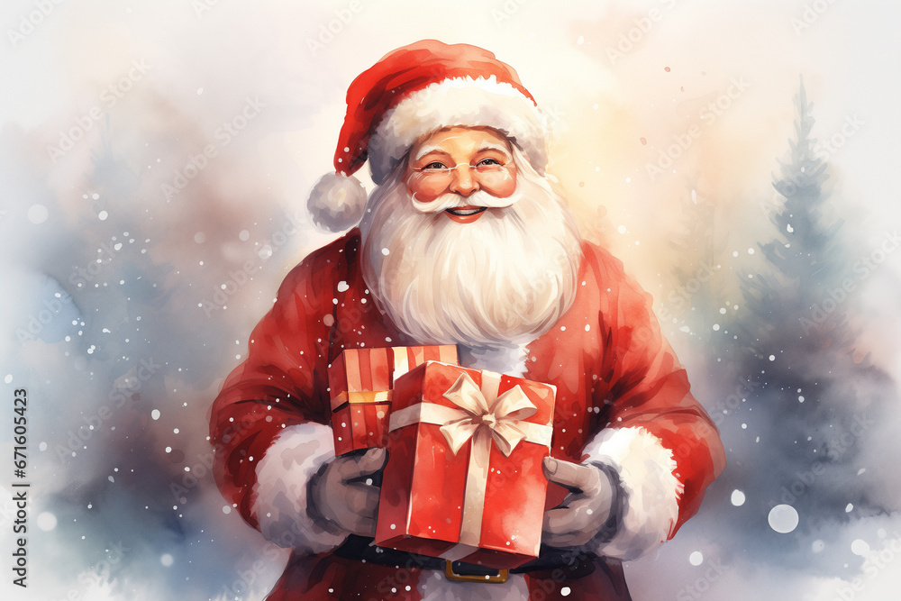 Close-up portrait Illustration of a smiling and cheerful Santa Claus with New Year and Christmas gifts. Outdoor winter holiday atmosphere Close-up portrait Illustration of a smiling and cheerful Santa Claus with New Year and Christmas gifts. Outdoor winter holiday atmosphere