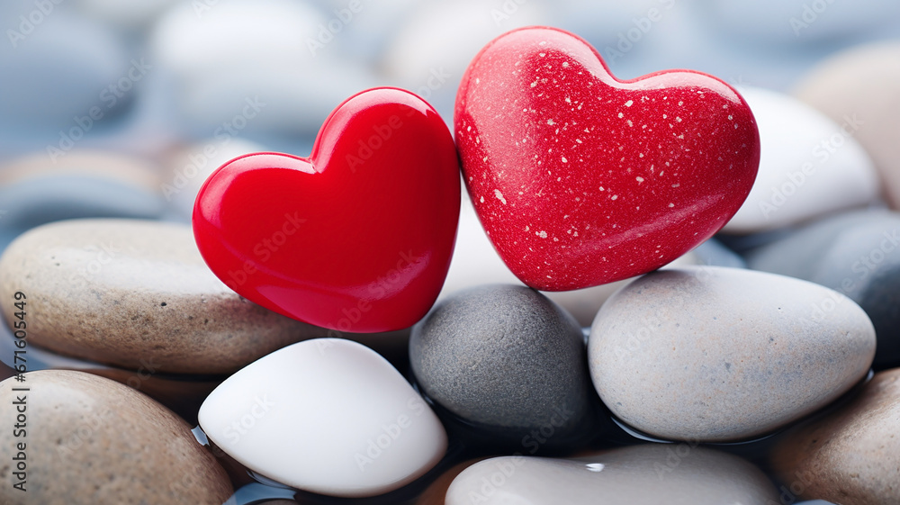 Obraz premium Two beautiful red hearts on a background of gray stones