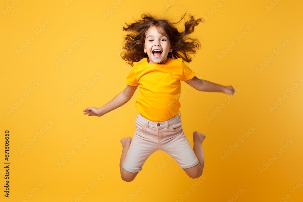 Happy jumping kid girl on a bright studio background. AI generated