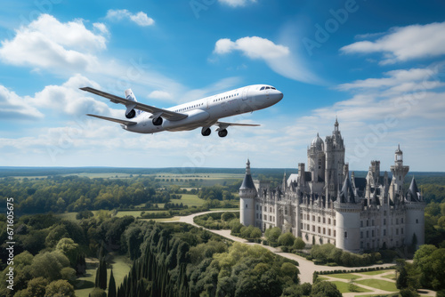 Airbus A320 on a sunny day over Chateau de Chambord photo